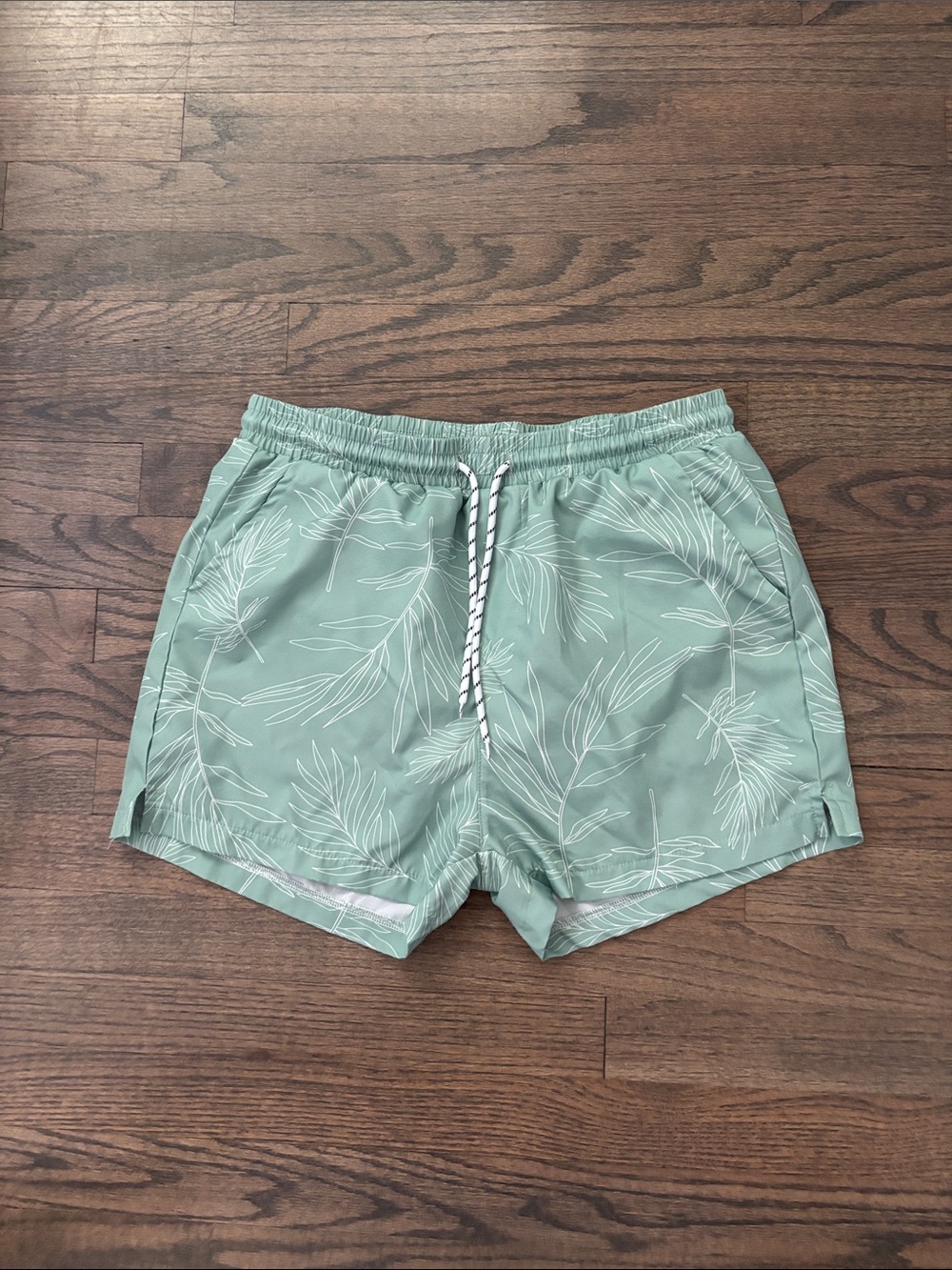 Men's Sage Green Leaf Print Swim Trunks - Picture 2 of 11